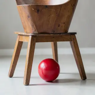A red ball underneath a wooden chair