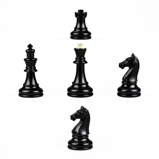 Five chess pieces on a board: a king in the center, a queen 