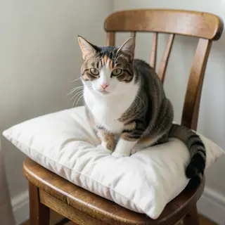 A cat sitting on a pillow, the pillow placed on a wooden cha