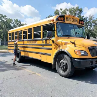 A person standing next to a yellow school bus, showing reali