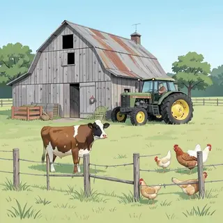 A farm scene with a barn, tractor, farmer, cow, chicken, and