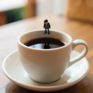 A tiny person standing on the rim of a coffee cup, looking d