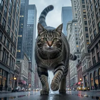 A giant tabby cat walking between city skyscrapers like a ka