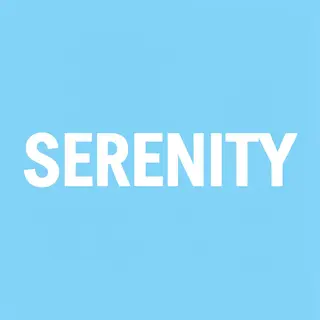 The word 'SERENITY' written large and centered on a solid li