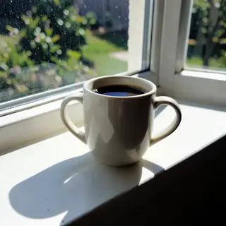 A coffee mug on a sunny windowsill casting a sharp shadow to