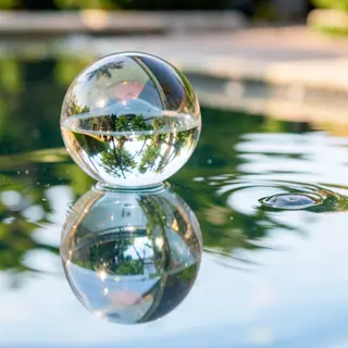 A clear glass sphere sitting on a mirror surface near a pool