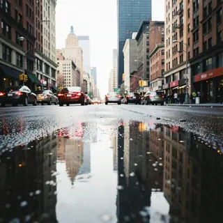 A city skyline reflected in a rain puddle on a street, with 