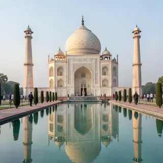 The Taj Mahal in Agra seen from the reflecting pool, with ac