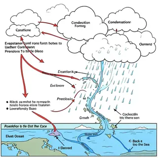 A detailed diagram of the water cycle showing evaporation fr