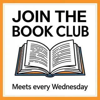 A book club poster with an open book illustration, the title
