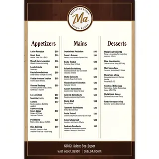 A restaurant menu layout with a logo header, three category 