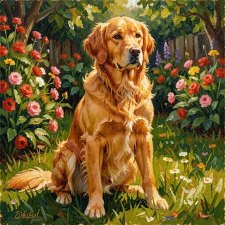 A golden retriever sitting in a garden, painted in the style