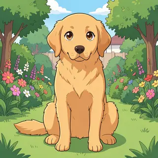 A golden retriever sitting in a garden, rendered in Japanese