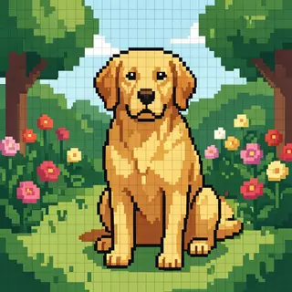 A golden retriever sitting in a garden, rendered in pixel ar