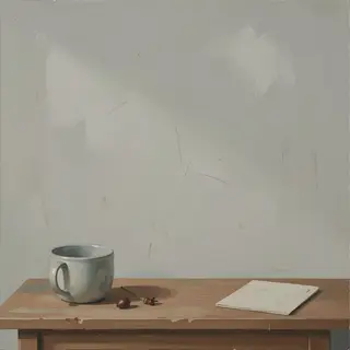 A still life painted in anxious minimalism — sparse composit