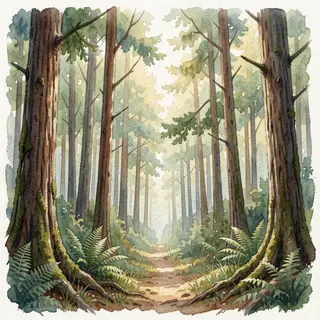 A forest rendered in photorealistic watercolor — the detail 