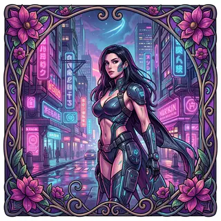 A woman in a futuristic city rendered in cyberpunk Art Nouve