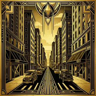 A city street scene in the style of Art Deco — geometric sha