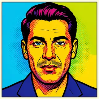 A portrait of a man in Pop Art style — bold outlines, Ben-Da