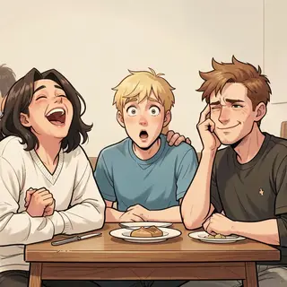A group of three friends at a table: one laughing with head 
