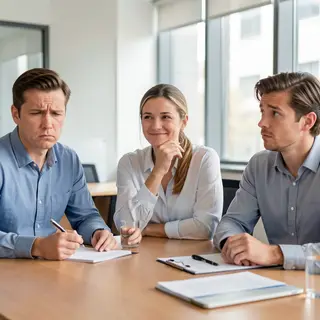 Three coworkers in a meeting: one looking frustrated with fu