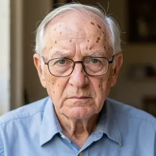 An elderly man in his 70s with age spots and thinning gray h