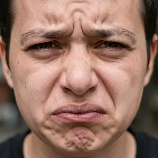 A close-up of a person's face showing clear disgust, nose wr