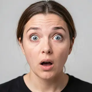 A portrait capturing genuine surprise — raised eyebrows, wid
