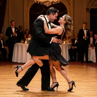 Two tango dancers in a close embrace, the man dipping the wo