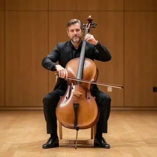A cellist seated with correct posture, legs around the instr