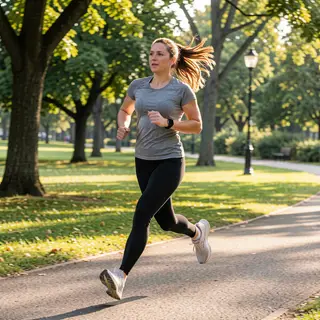 A woman mid-stride running through a park, hair and clothes 