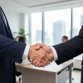 Two people shaking hands in a professional setting, all fing