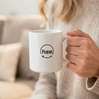 A person holding a white ceramic coffee mug by the handle wi