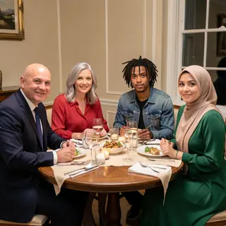 Four people at a dinner table: a bald man in a suit, a woman