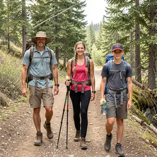 Three hikers on a trail: a man with a backpack and sunhat, a