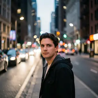 A street photograph with shallow depth of field as if shot a