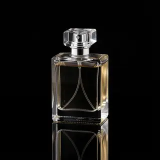 A clear glass perfume bottle on a reflective black surface w