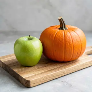A green apple and an orange pumpkin on a wooden cutting boar