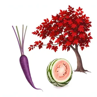 A purple carrot, a red tree with red leaves, and a white wat