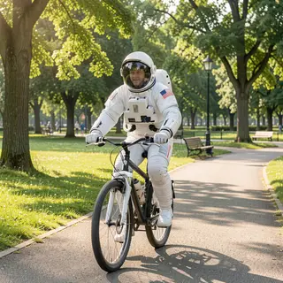 An astronaut in a spacesuit riding a bicycle through a park