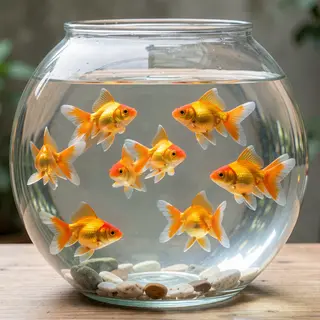 Exactly 9 goldfish swimming in a large round fishbowl