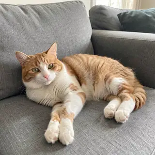 A cat lying on a couch without a collar