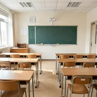 A classroom with desks and a chalkboard but no students