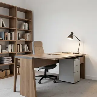 An office workspace with a desk, chair, bookshelf, and lamp 