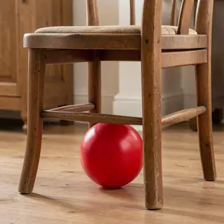 A red ball underneath a wooden chair