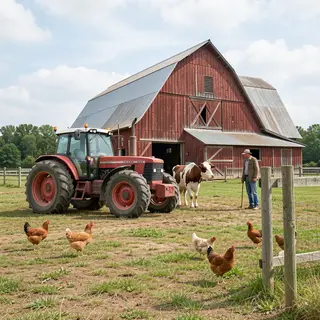 A farm scene with a barn, tractor, farmer, cow, chicken, and