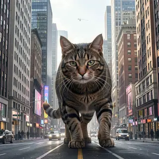 A giant tabby cat walking between city skyscrapers like a ka