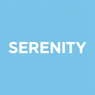 The word 'SERENITY' written large and centered on a solid li