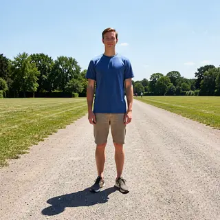 A person standing outdoors at midday with a short shadow dir