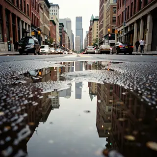 A city skyline reflected in a rain puddle on a street, with 